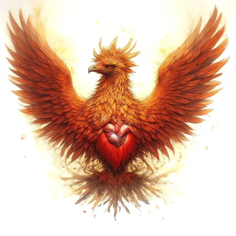 phoenix and heart with long wings spread tattoo design idea