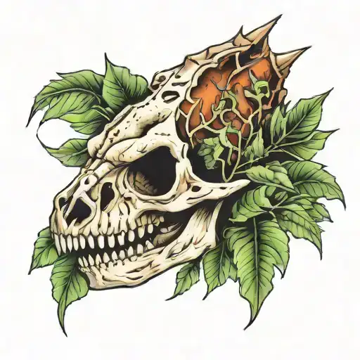 Dinosaur skull with leaves tattoo design idea