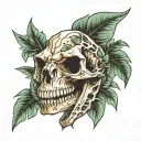 Dinosaur skull with leaves tattoo design idea