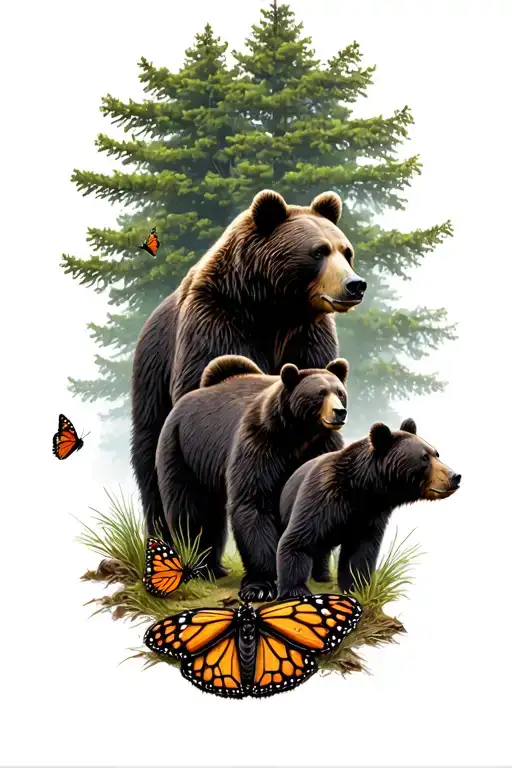 Papa bear and 3 black bear cubs and 2 monarch butterfly walking in the wilderness trees tattoo design idea