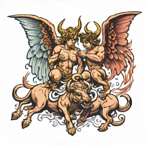 2 angels above a raging bull tattoo design idea