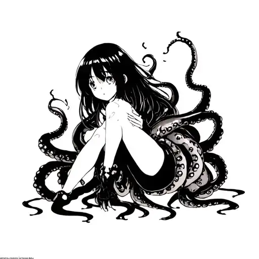 The tentacles are holding the anime girl, trying to spread her legs. The girl looks down with wide eyes. Darknest dunge tattoo design idea