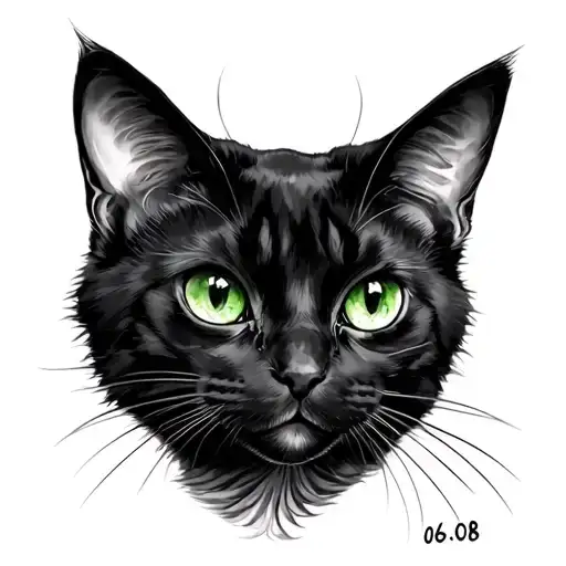 Smoky black cat with green eyes and date 06.08u2024 tattoo design idea