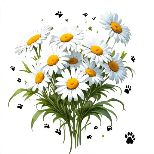 Daisy flowers with dog paw prints trailing tattoo design idea