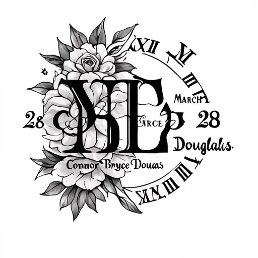 Make me a tattoo for my son Connor Bryce Douglas with his initials and his birthday March 28 2020 in Roman numerals. He  tattoo design idea
