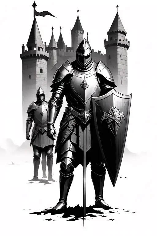 knight in armour and shield watching over three knights with castle in background  tattoo design idea