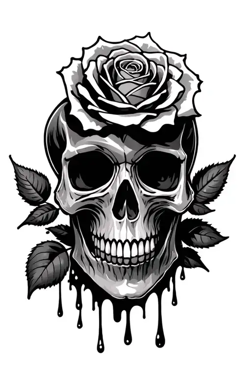 Skull with rose, dripping like a candle tattoo design idea