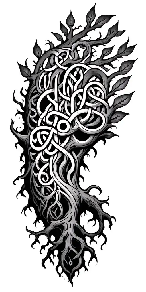 large Yggdrasil without leaves on shoulder, deep vining roots transitioning into Celtic tribal down forearm tattoo design idea