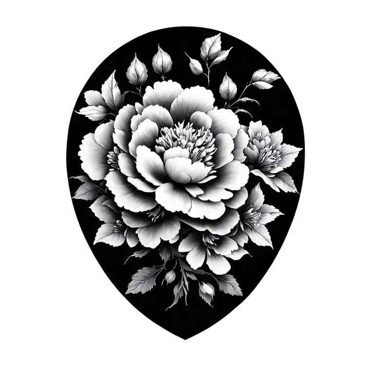 Detailed black and grey floral tattoo featuring large blooming peonies and cherry blossoms intertwined with delicate lea tattoo design idea