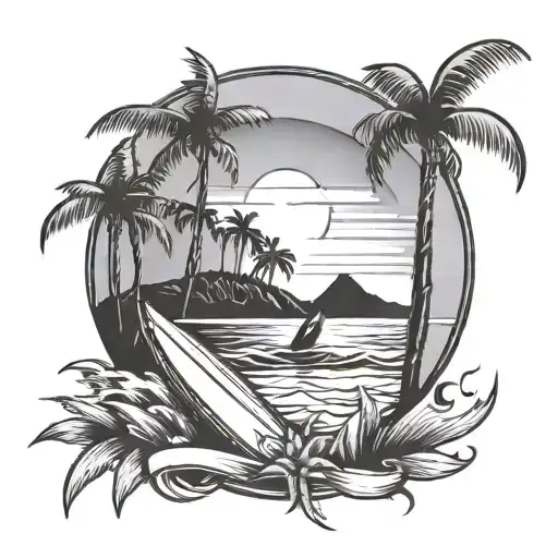 Beach tattoo with sun behind and trees and surfboard tattoo design idea