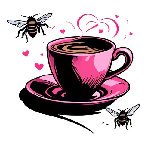 a pink coffee cup, with a bumble bee and a paper airplane with path dots in shape of heart around the coffee cup.  tattoo design idea