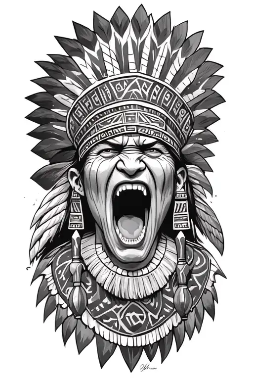 aztec warrior screaming intense tribal patterns tattoo design idea