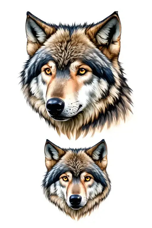 two majestic timber wolf head as male and female with a high dessert background  tattoo design idea