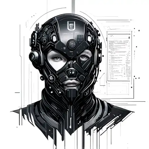 A futuristic cyberpunk design incorporating elements of coding and technology, with a sleek blackwork style tattoo design idea