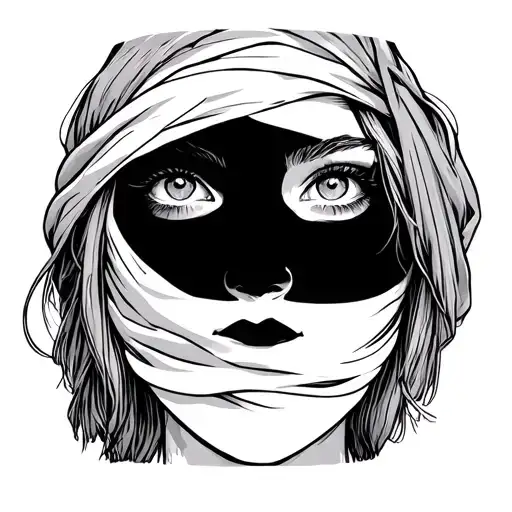 girls face, looking forward basic line drawing, half of the face to be normal the other half to have a scarf  tattoo design idea