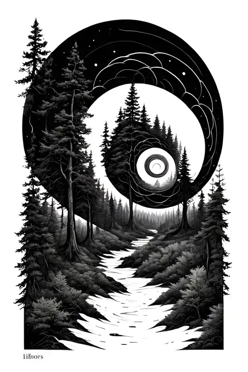 forest landscape fibonacci spiral pattern tattoo design idea