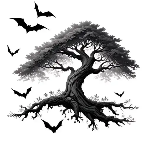 half forearm curved posion tree growing with bats flying and let there be less leaves  tattoo design idea