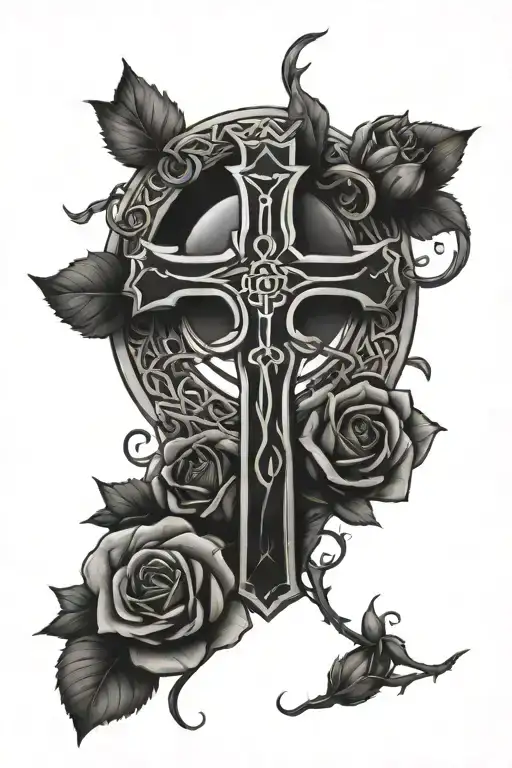 Celtic cross and roses intertwined with a halo tattoo design idea