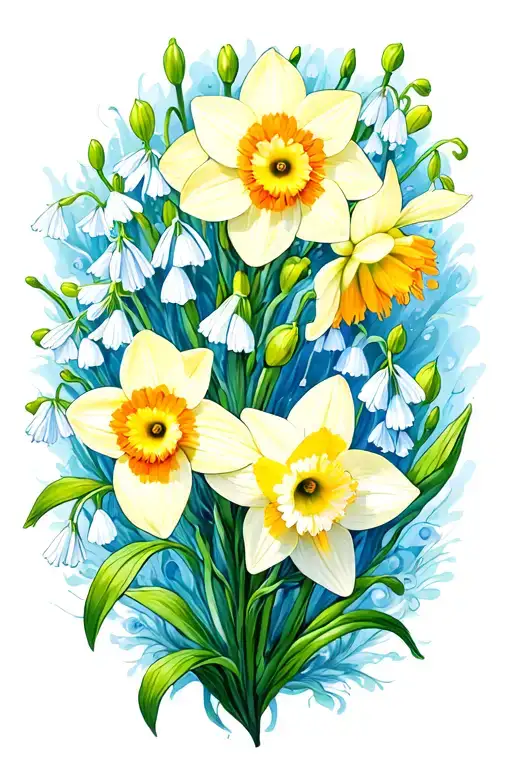 Daffodil Chrysanthemum Lilly of the valley Larkspur CosmosAsterNarcissus tattoo design idea