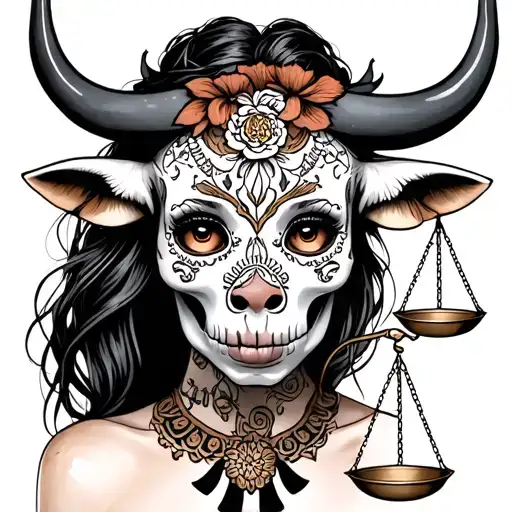 woman body bull with sugar skull markings, brown eyes and two Libra scales with extra dark background tattoo design idea