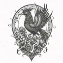 mixed elements of a scottish thistle, a phoenix, fire, the number 21, the letter s, Cyberpunk style tattoo design idea