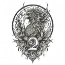 mixed elements of a scottish thistle, a phoenix, fire, the number 21, the letter s, Cyberpunk style tattoo design idea