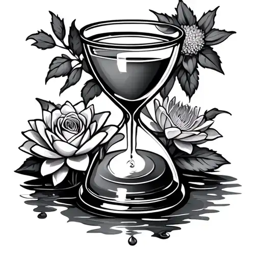 hour glass with rose and water lily and violet flower tattoo design idea