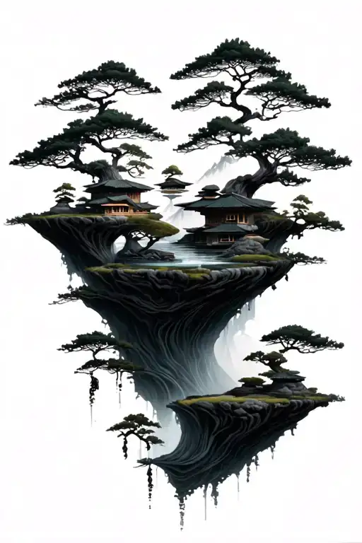 multiple floating islands that have bits of a japanese zen garden on it tattoo design idea