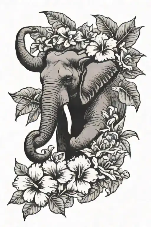 hibiscus flowers and elephant head tattoo design idea