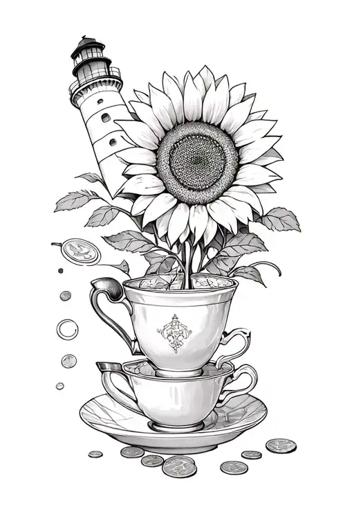 moody, dark, vintage, coins, pipes, tea cups, lighthouse, sunflower, paint, furs, trinkets tattoo design idea