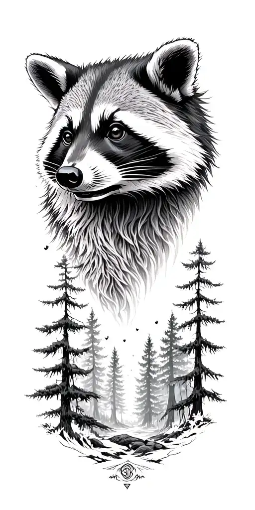 massive forest landscape  with Raccoon face side profile emerging from the top tattoo design idea