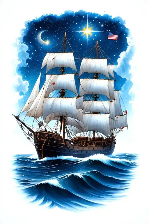 clipper ship sailing through the sea under the stars  tattoo design idea