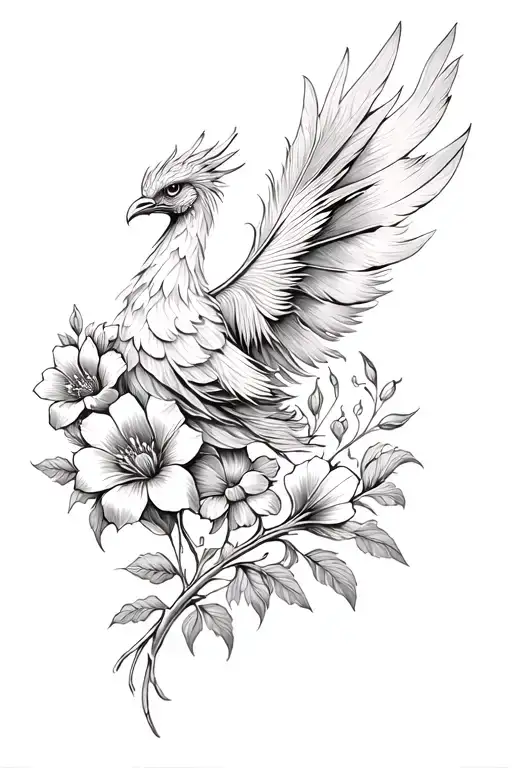 phenix, flowers, with feathers Writing pencil form tattoo design idea