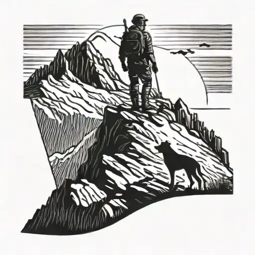 A silhouette of a military soldier standing on a mountain peak, with a loyal dog by their side tattoo design idea