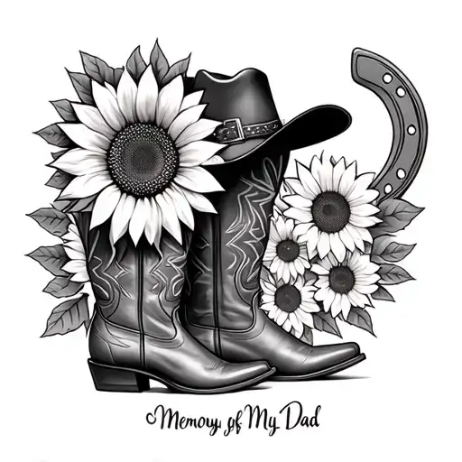 sunflowers, cowboy boots, cowboy hat, horse, horseshoe, in memory of my dad tattoo design idea