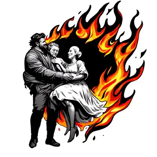 fire flames with a man carrying old lady  tattoo design idea