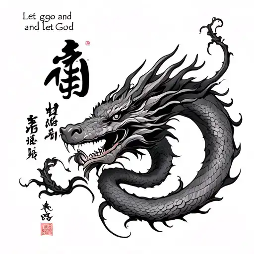 tattoo with the phrase, let go and let God in Chinese with a dragon connected to it tattoo design idea