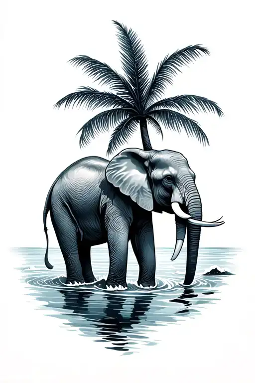 elephant, palm tree, sea, fine line tattoo design idea