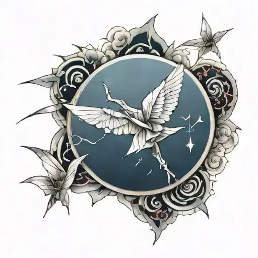 Broken mirror and origami paper crane flying tattoo design idea