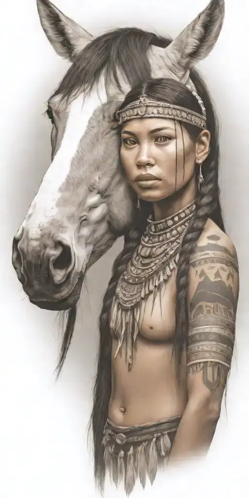 young adorable lakota woman full body horse tattoo design idea