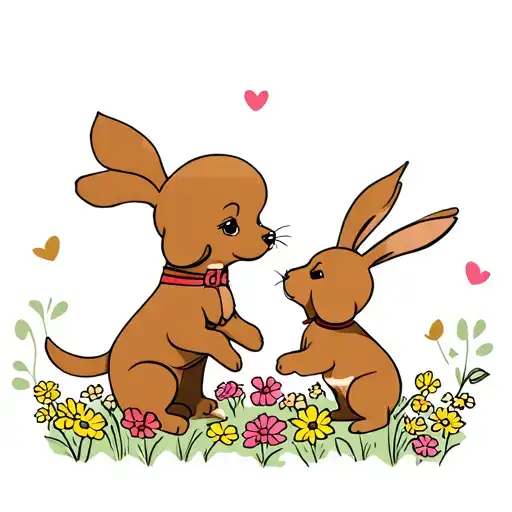 brown toy poodle and brown rabbit playing together on a field of flowers tattoo design idea