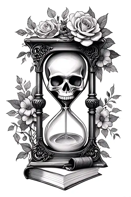 Victorian frame books candle stick skull hourglass filled tattoo design idea