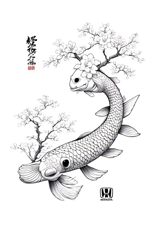 Sleeve tattoo with Osaka loop, Cherry blossom trees, Koi fish, Kenji, Oni, Japanese scripture, and Honda Moto logo tattoo design idea