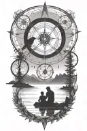 A father and son silhouette sitting by a lake in the mounatins. intertwine a compass, dove,  and dreamcatcher.  tattoo design idea