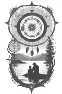A father and son silhouette sitting by a lake in the mounatins. intertwine a compass, dove,  and dreamcatcher.  tattoo design idea