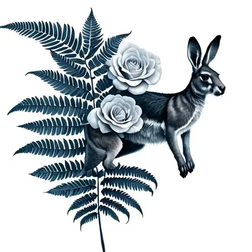 silver fern, rose, kangaroo jumping tattoo design idea