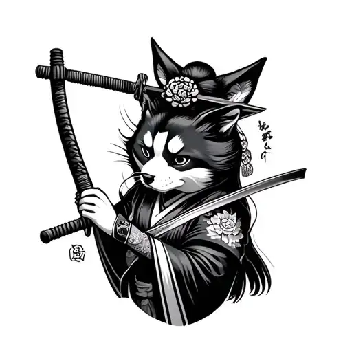 fu dog geisha holding a katana tattoo design idea