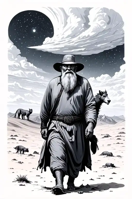 a man walking in the desert landscape filled, sky filled with stars. in the sky a old man with primal animals tattoo design idea