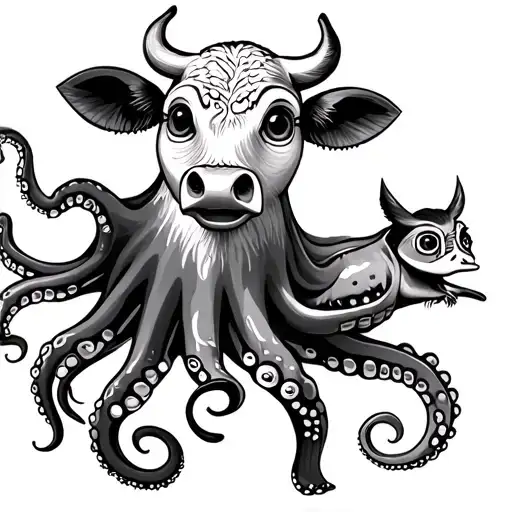 octopus, cow, owl and axolotl colorful cartoon tattoo design idea
