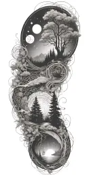 flowing waves, surrounded by a mystical forest scene, with subtle elements of sacred geometry and glowing stars in b&w tattoo design idea